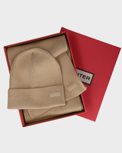 Hunter Unisex Arla Ribbed Cuff Beanie & Scarf Box Set - Warm Sand