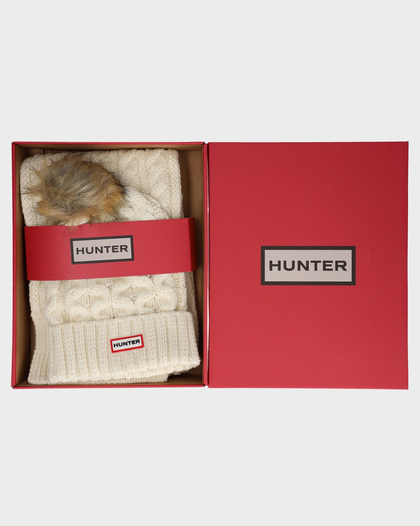 Hunter Unisex Cable Knit Fur Pom Beanie & Scarf Box Set - Antique White
