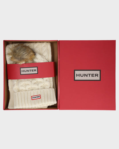 Hunter Unisex Cable Knit Fur Pom Beanie & Scarf Box Set - Antique White