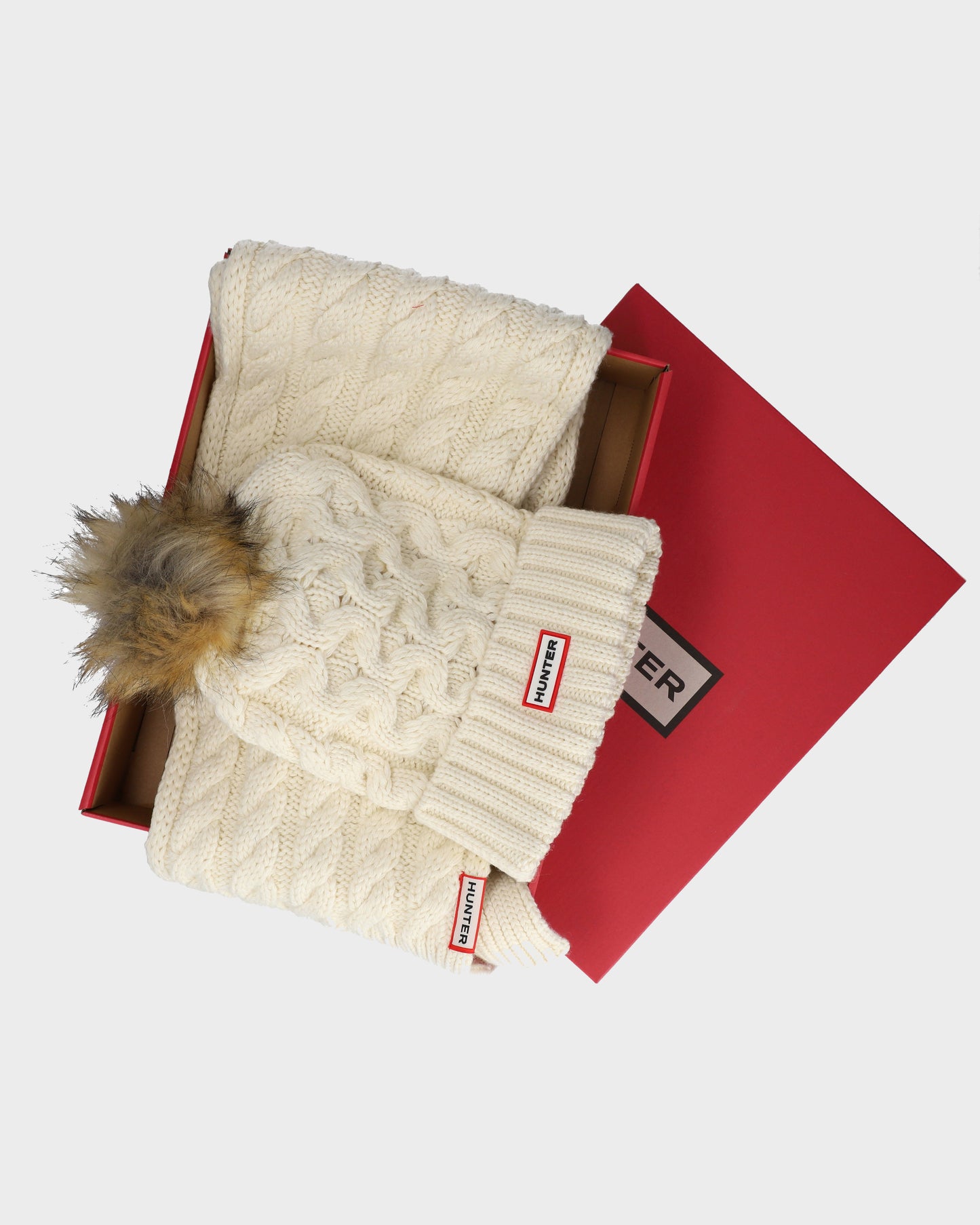 Hunter Unisex Cable Knit Fur Pom Beanie & Scarf Box Set - Antique White