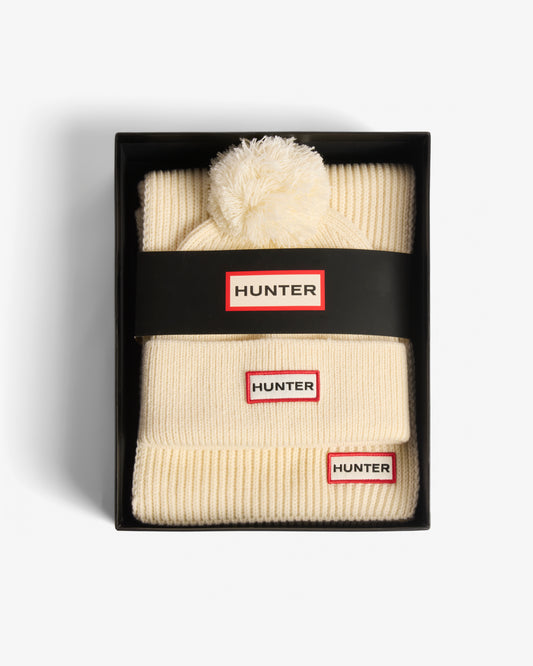 Hunter Arrinay Ribbed Pom Beanie/Scarf Box Set - Antique White - CHO - Designer Unisex Gift Sets