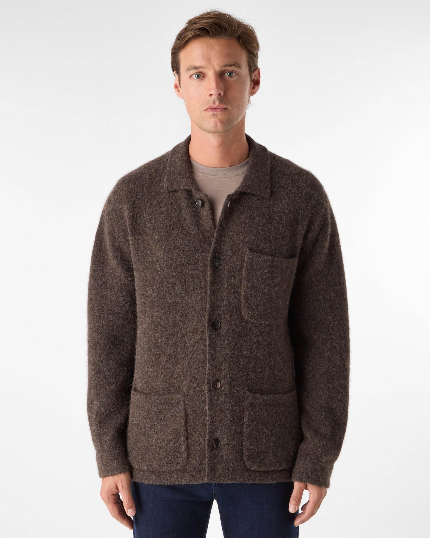 Oliver Sweeney Heywood Mens Alpaca Wool Blend Knitted Overshirt - Chocolate