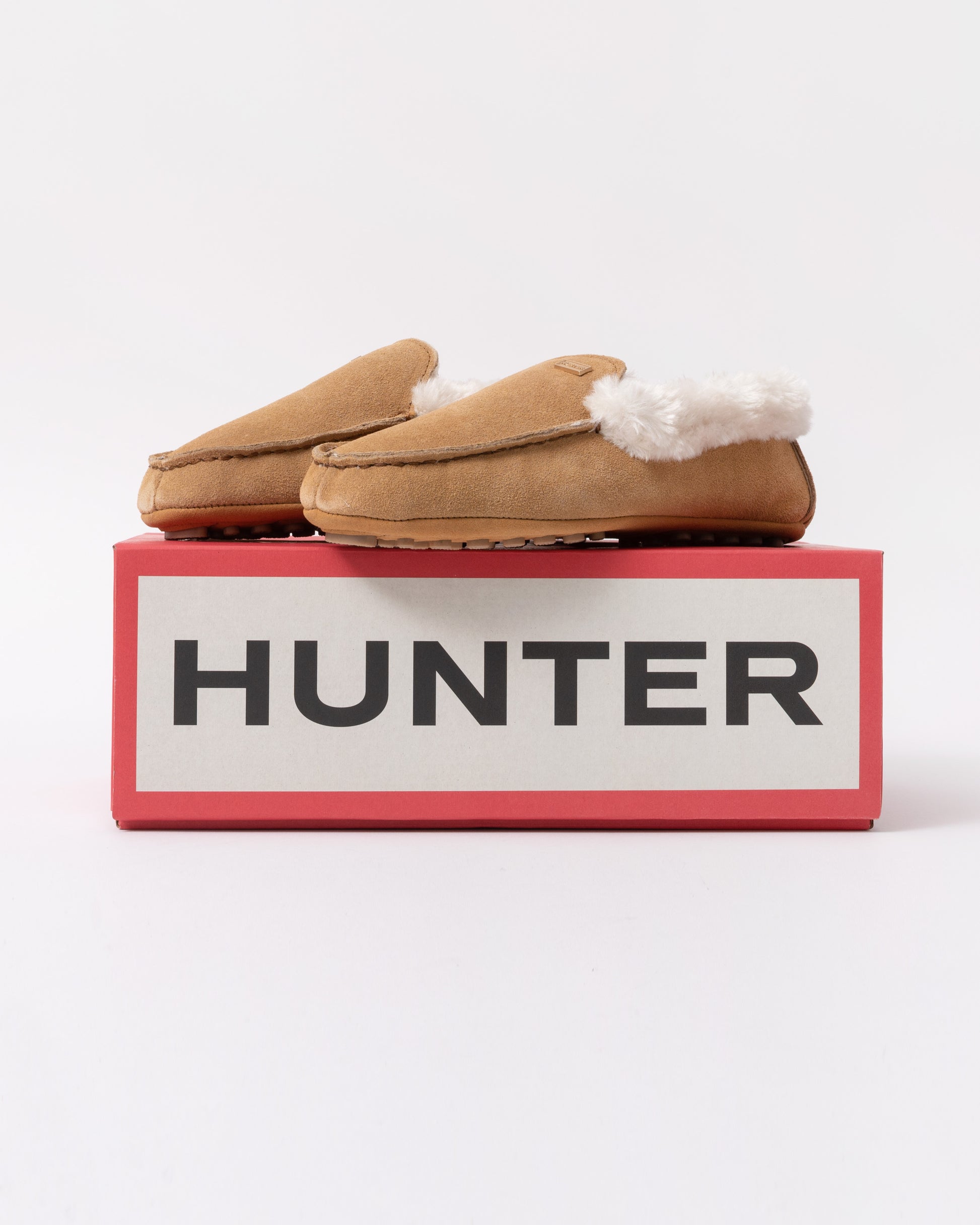 Hunter Womens Sherpa Collar Moccasin Slippers - Biscuit - CHO - Designer Womens Slippers