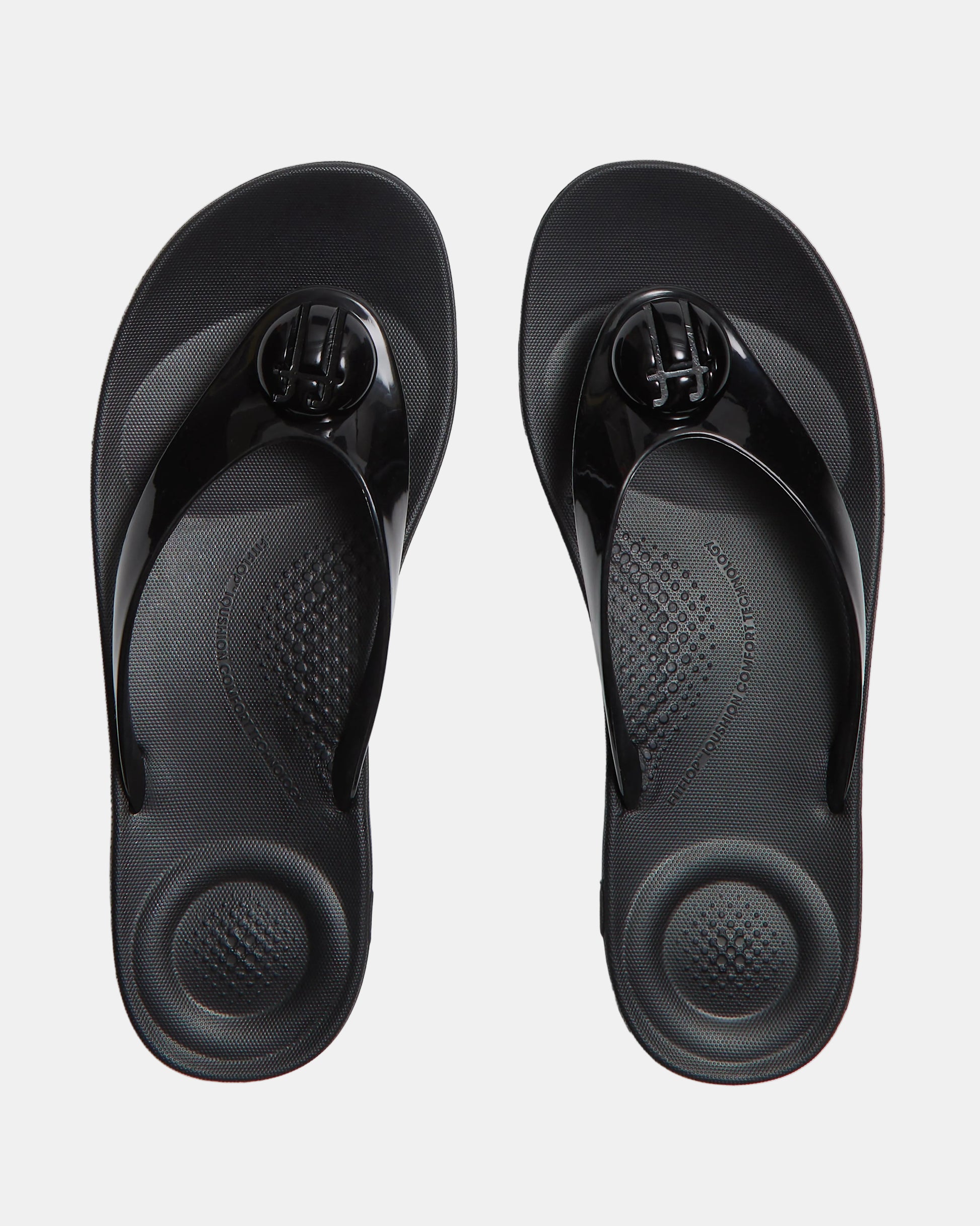 FitFlop Womens IQUSHION Glossy-Button Flip-Flops - Black 001 | CHO | Designer Womens Sandals