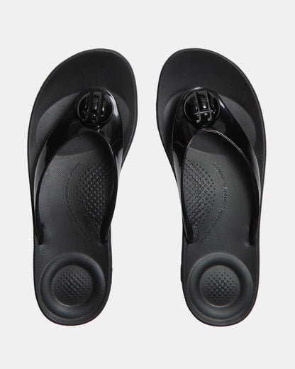 FitFlop Womens IQUSHION Glossy-Button Flip-Flops - Black 001 | CHO | Designer Womens Sandals