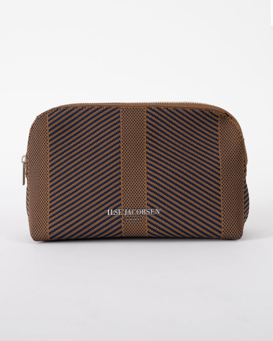 studio shot of Ilse Jacobsen Knitty Womens Knitted Makeup Bag in Dark Indigo and Buckthorn Brown