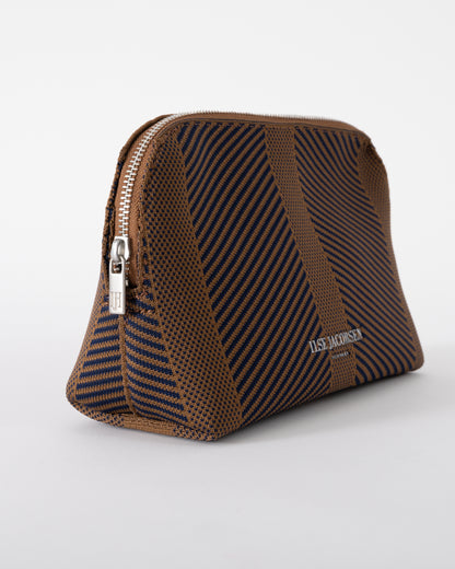 side of Ilse Jacobsen Knitty Womens Knitted Makeup Bag in Dark Indigo and Buckthorn Brown