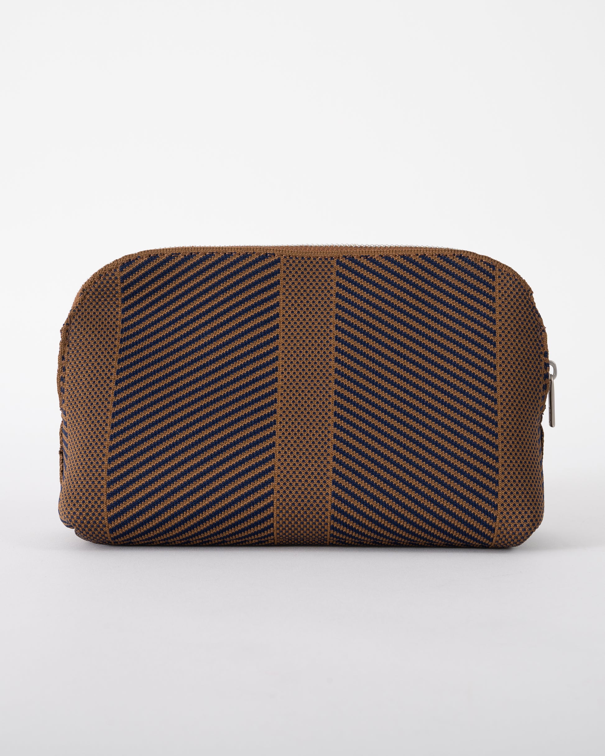 back of Ilse Jacobsen Knitty Womens Knitted Makeup Bag in Dark Indigo and Buckthorn Brown