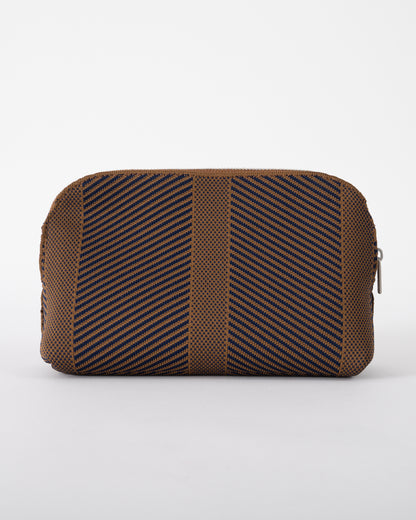 back of Ilse Jacobsen Knitty Womens Knitted Makeup Bag in Dark Indigo and Buckthorn Brown