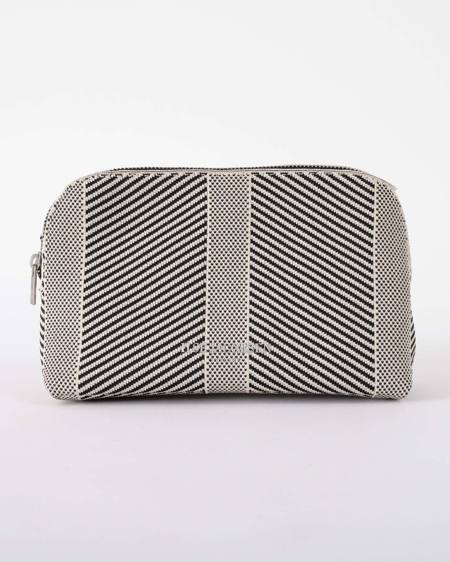 studio shot of Ilse Jacobsen Knitty Womens Knitted Makeup Bag in Milk Creme and Black