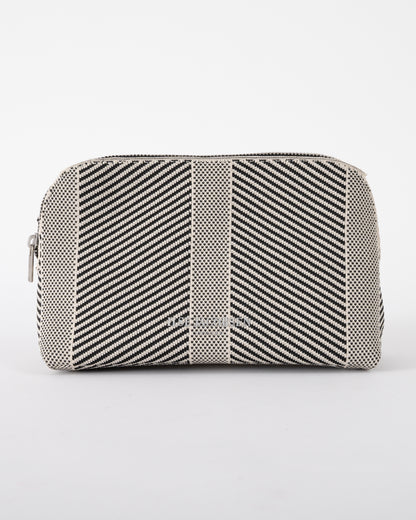 studio shot of Ilse Jacobsen Knitty Womens Knitted Makeup Bag in Milk Creme and Black