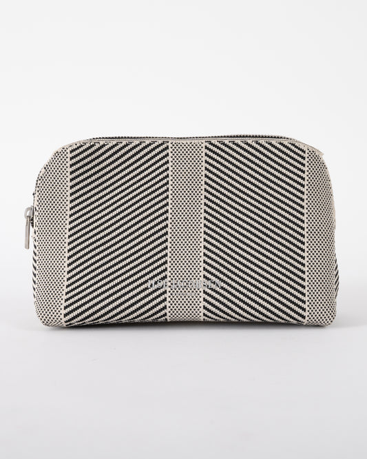 studio shot of Ilse Jacobsen Knitty Womens Knitted Makeup Bag in Milk Creme and Black