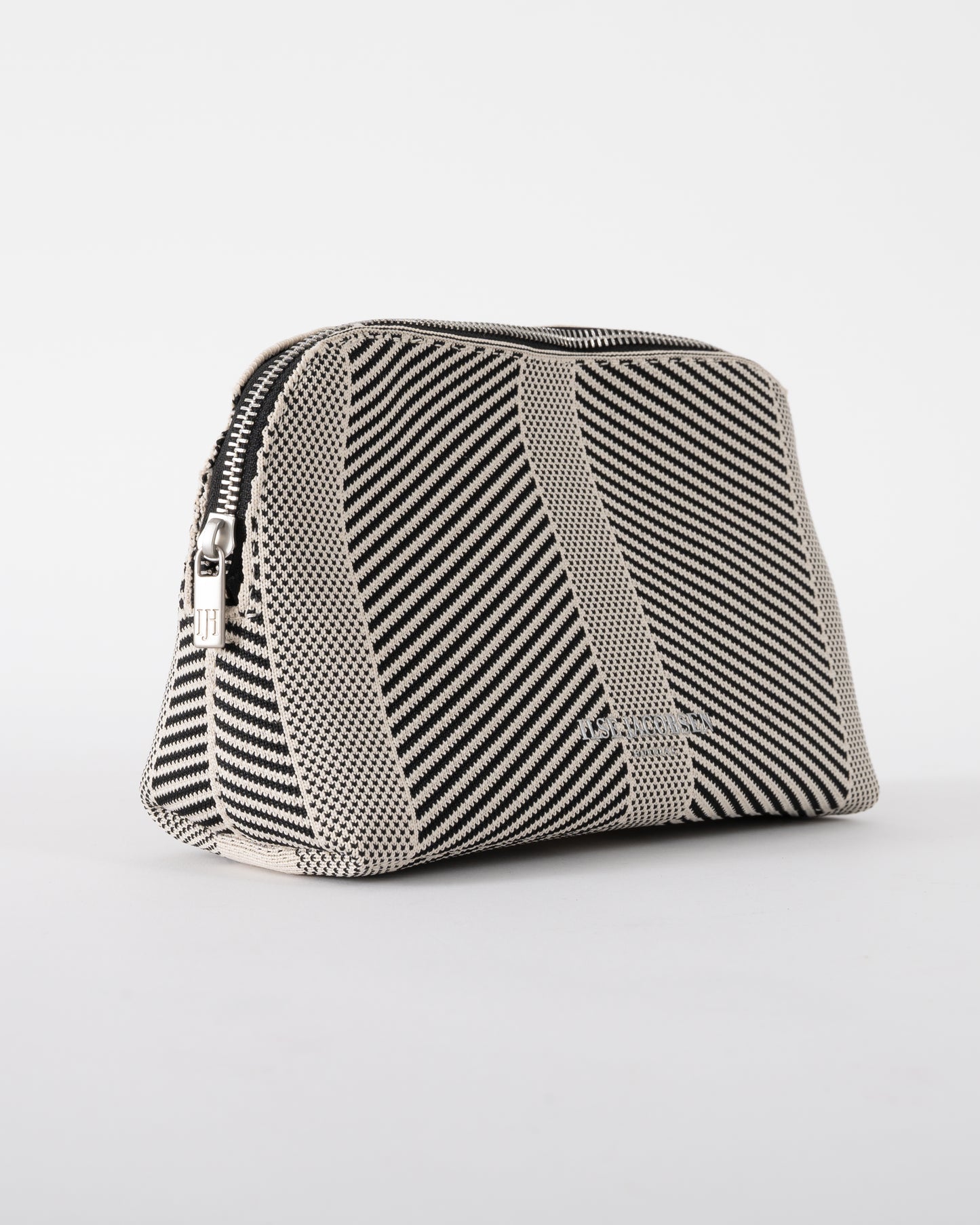 side of Ilse Jacobsen Knitty Womens Knitted Makeup Bag in Milk Creme and Black