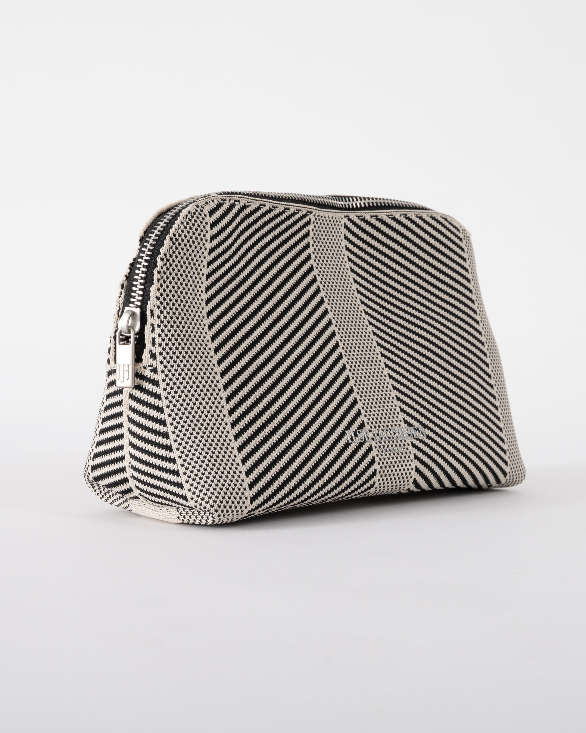 side of Ilse Jacobsen Knitty Womens Knitted Makeup Bag in Milk Creme and Black