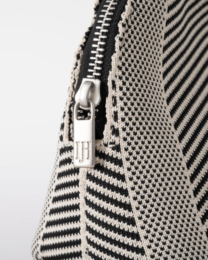 zip detail of Ilse Jacobsen Knitty Womens Knitted Makeup Bag in Milk Creme and Black