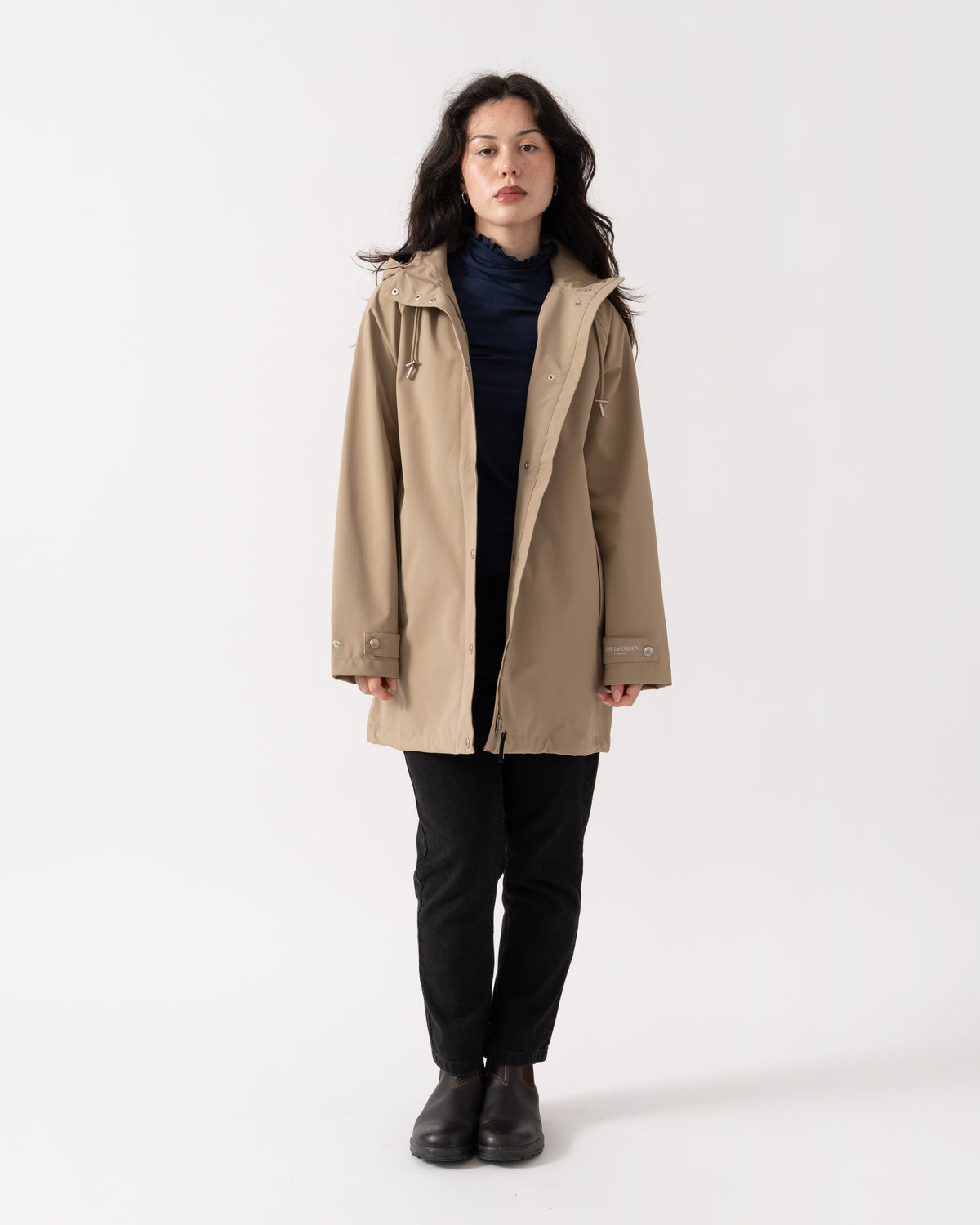 Model wearing Ilse Jacobsen Gentle Rain Womens Raglan Raincoat - Greige 105