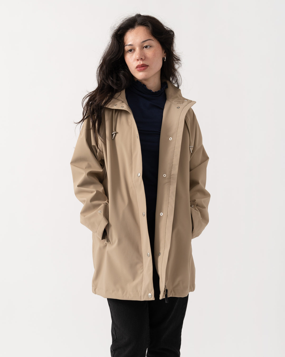 Ilse Jacobsen Gentle Rain Womens Raglan Raincoat - Greige 105 with the jacket unbuttoned