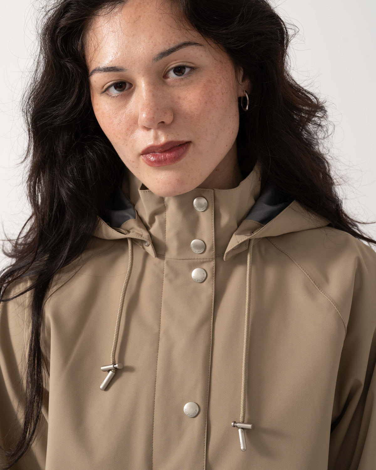 Close up of Ilse Jacobsen Gentle Rain Womens Raglan Raincoat - Greige 105