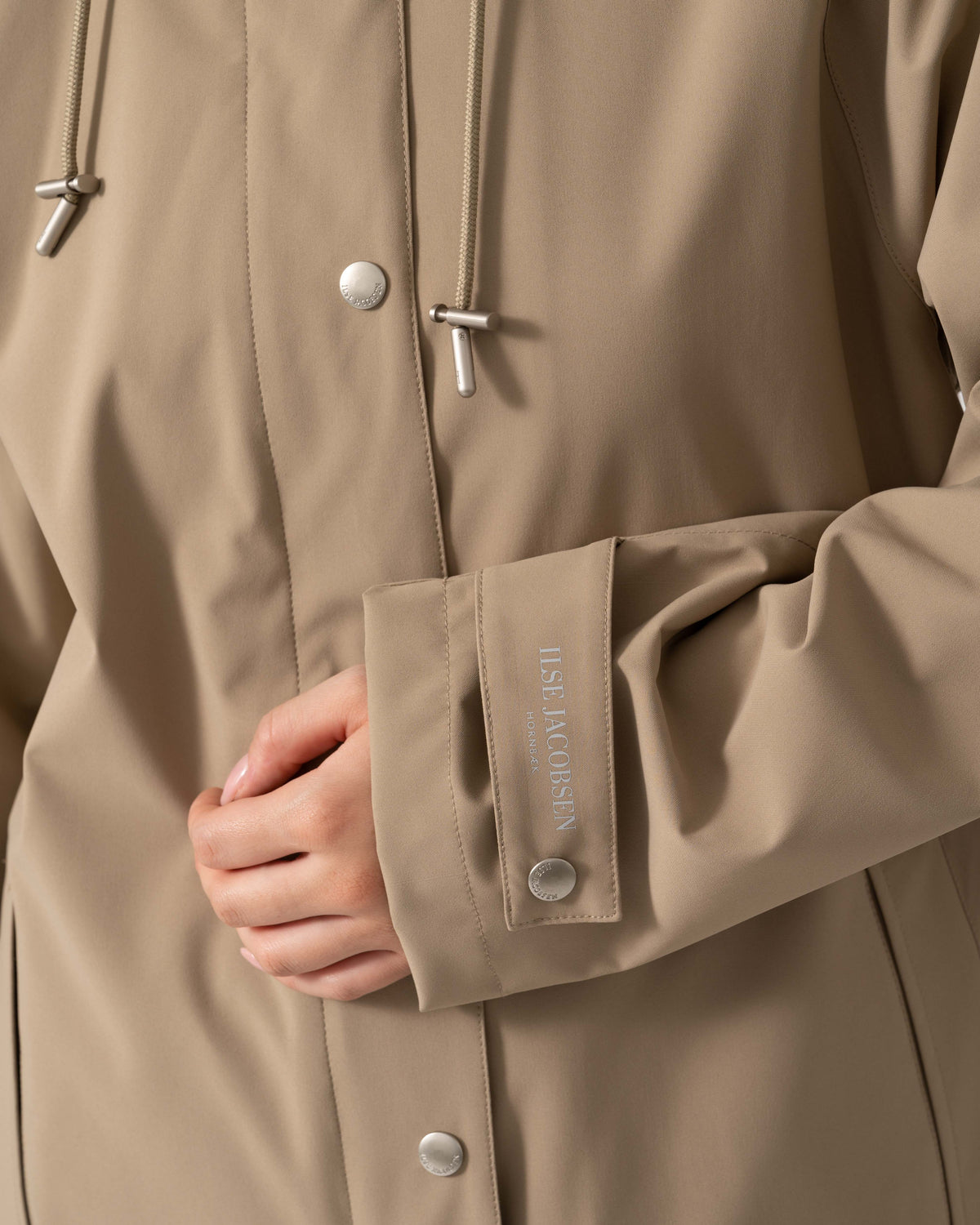 Cuff detail of Ilse Jacobsen Gentle Rain Womens Raglan Raincoat - Greige 105