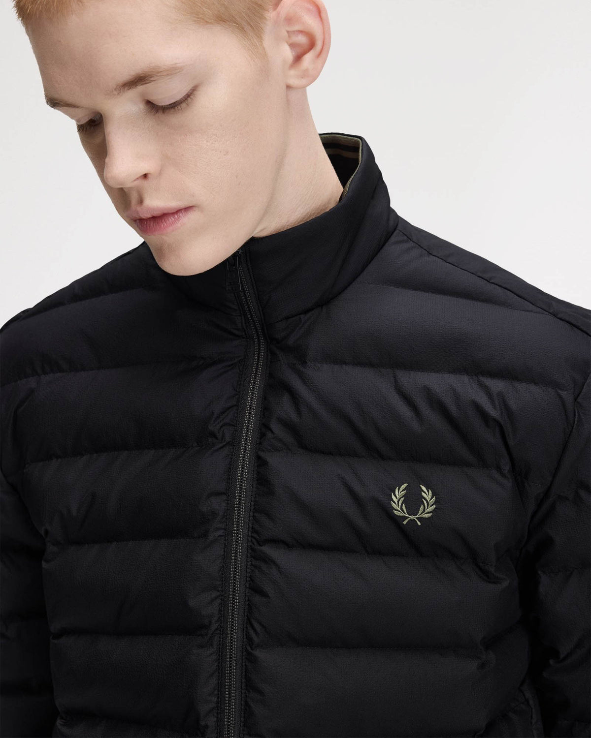 Fred Perry Mens Insulated Jacket - Black 184 collar and logo detail