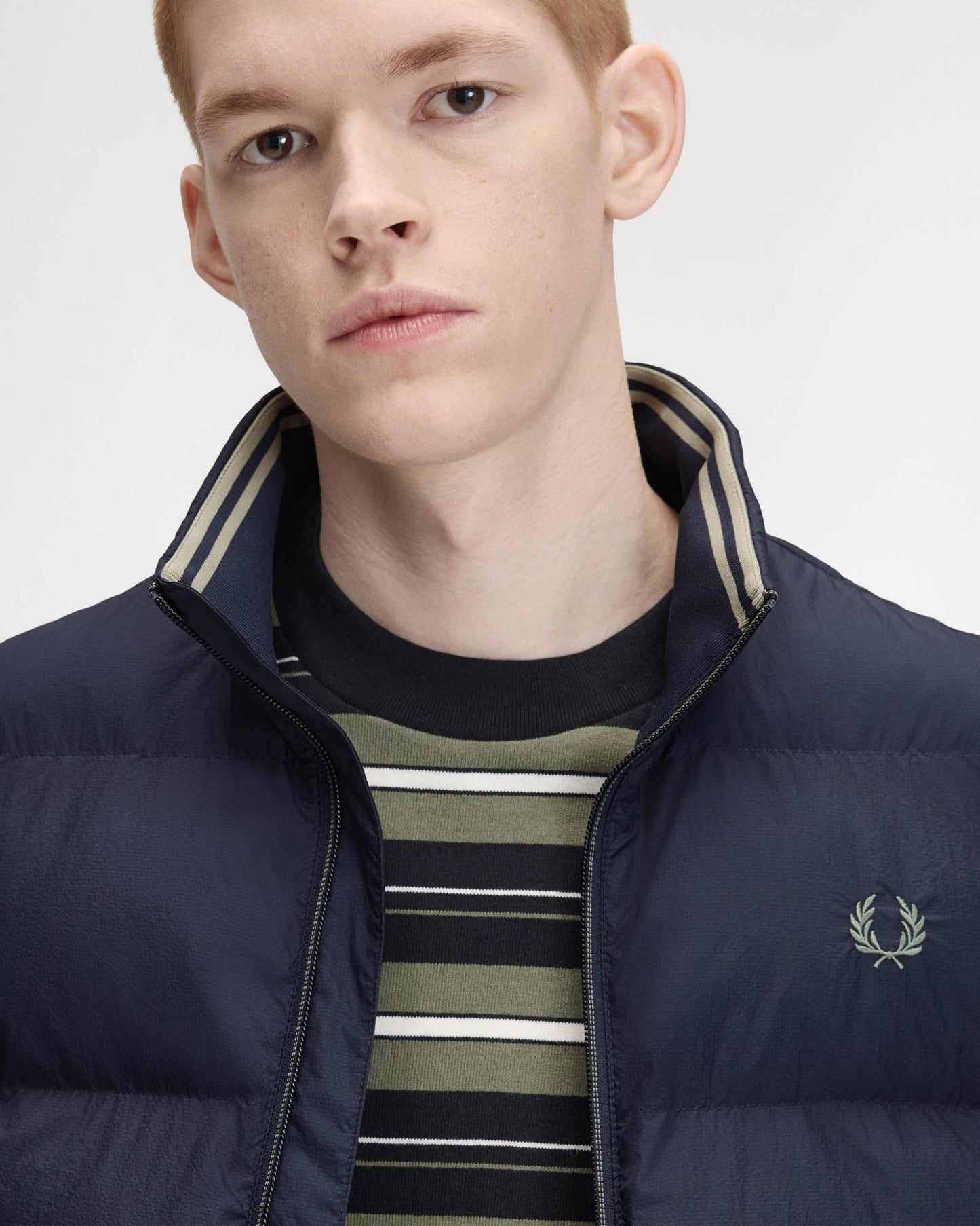 Fred Perry Mens Padded Gilet - Dark Airforce 46B, collar open detail