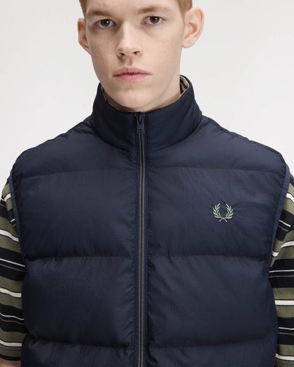 Fred Perry Mens Padded Gilet - Dark Airforce 46B, collar and logo detail
