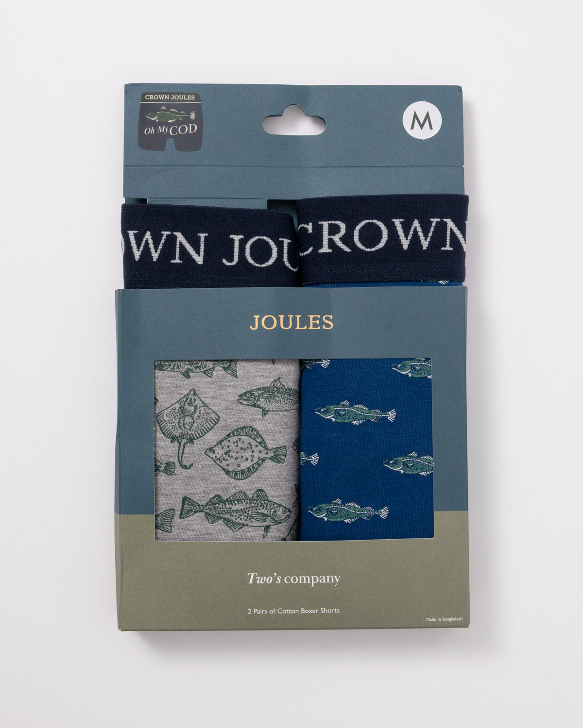packaging for a Joules 2 Pack Mens Crown Joules Boxers - Oh My Cod Navy/Grey