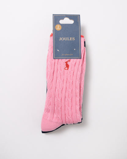 packaging detail of Joules 2 Pack Womens Cable Knit Cotton Blend Socks in Navy/Pink