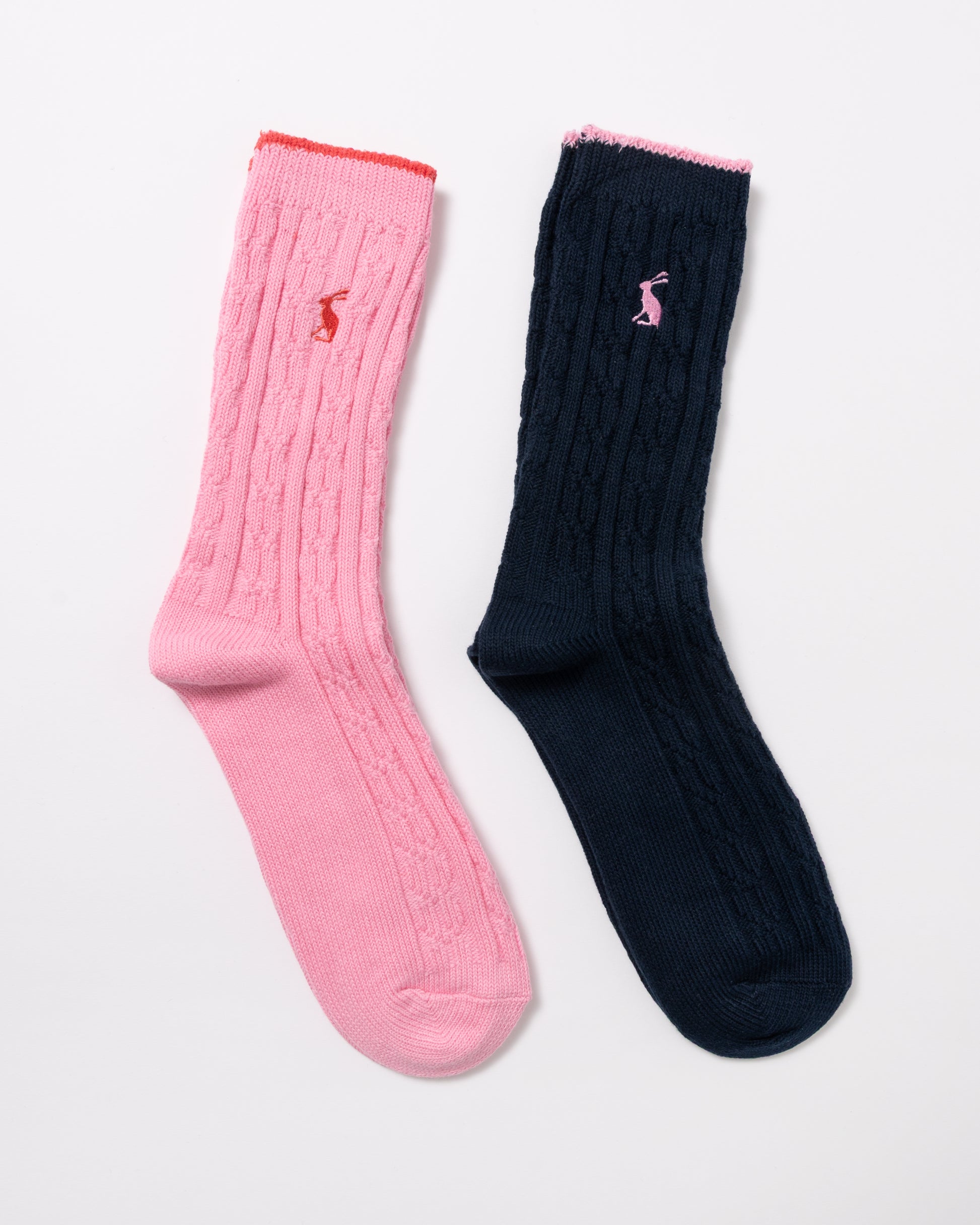 Joules 2 Pack Womens Cable Knit Cotton Blend Socks in Navy/Pink