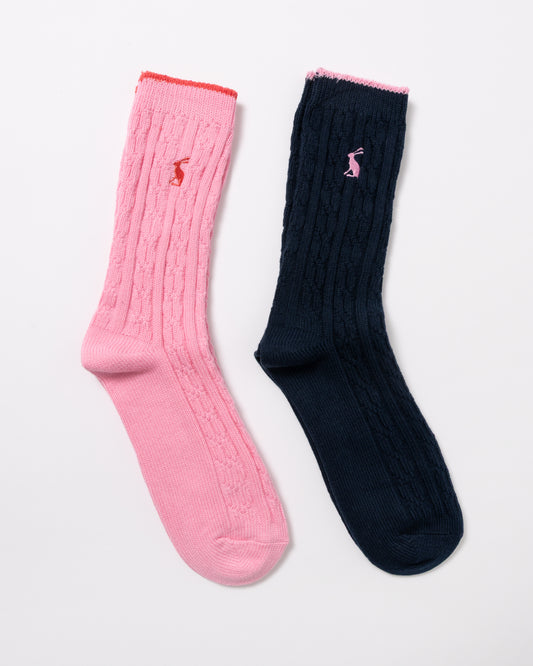 Joules 2 Pack Womens Cable Knit Cotton Blend Socks in Navy/Pink