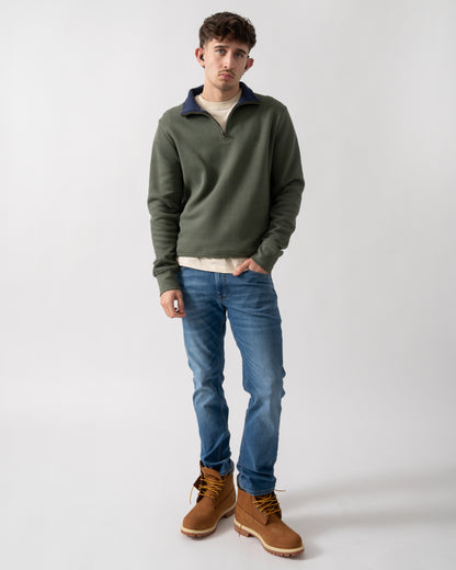 full length shot of a model wearing a Joules Alistair Mens 1/4 Zip Sweatshirt in Khaki Green