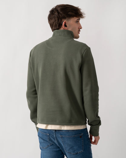 back shot of a model wearing a Joules Alistair Mens 1/4 Zip Sweatshirt in Khaki Green