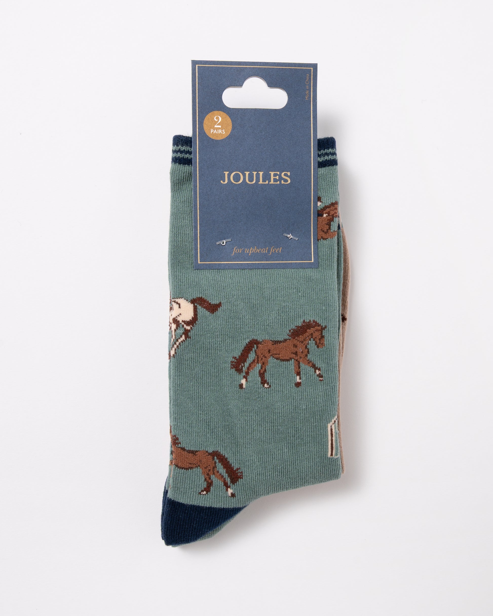 packaging of Joules Everyday 2 Pack Womens Socks in Green and Neutral Horse
