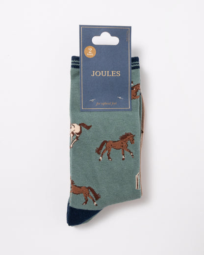packaging of Joules Everyday 2 Pack Womens Socks in Green and Neutral Horse