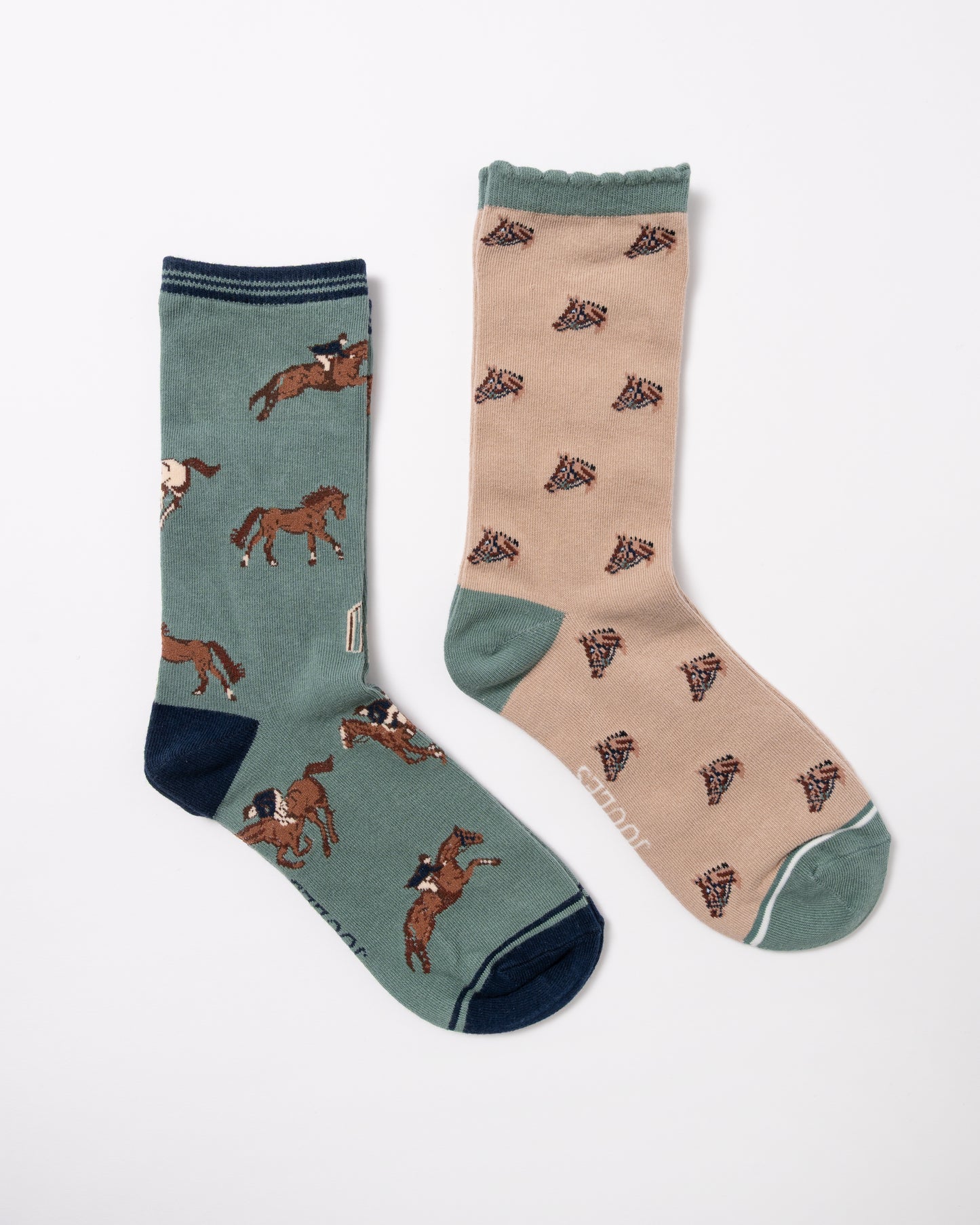 Joules Everyday 2 Pack Womens Socks in Green and Neutral Horse