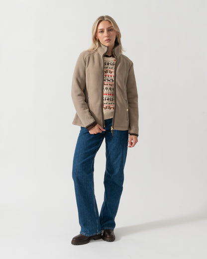 Unzipped jacket on the Joules Heritage Full Zip Womens Fleece - Mink Brown