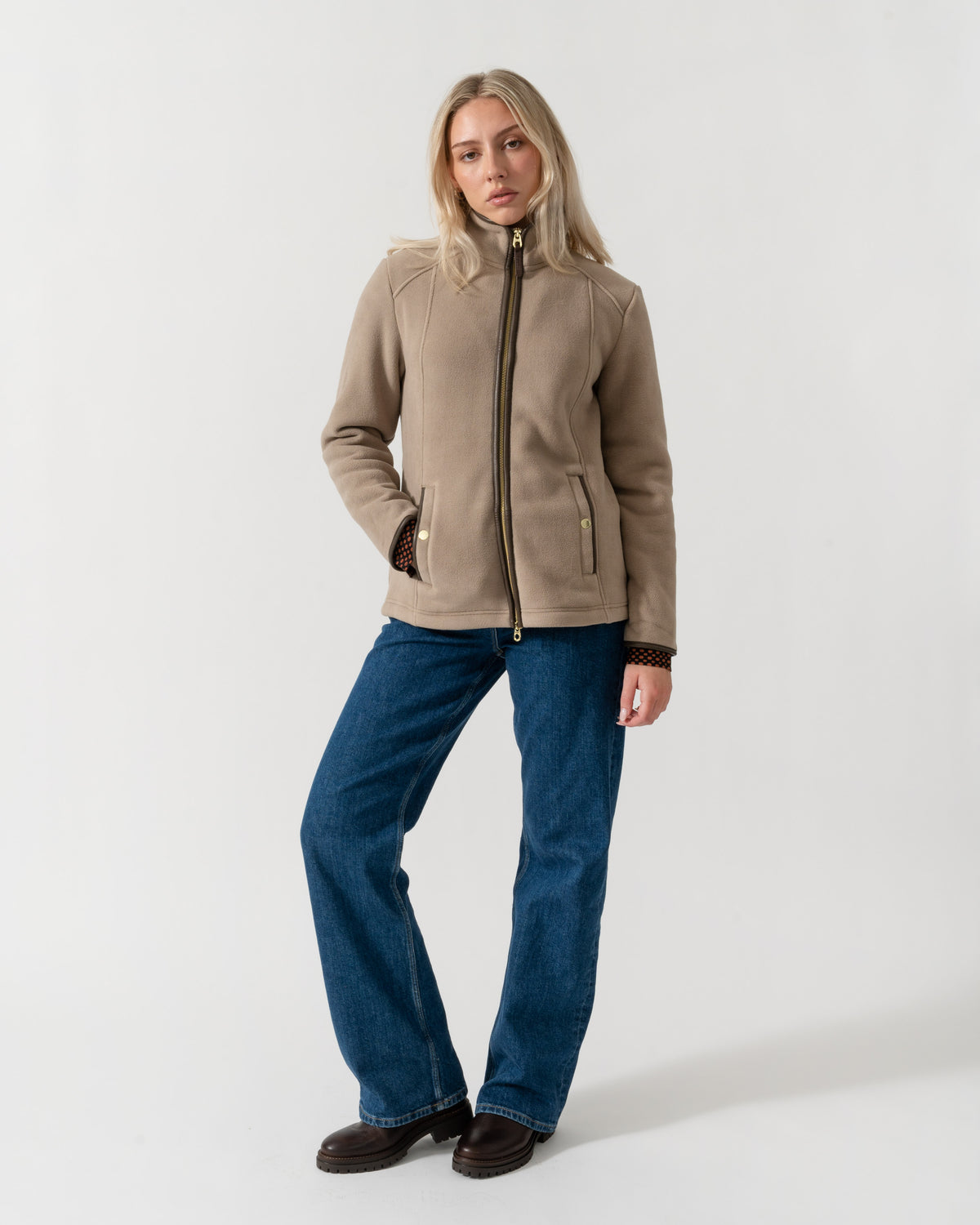 Model wearing the Joules Heritage Full Zip Womens Fleece - Mink Brown