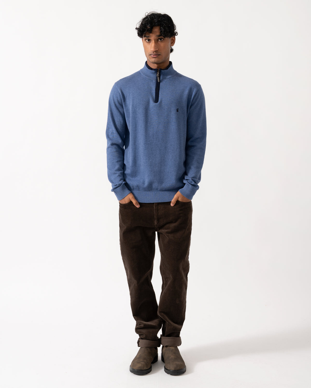 full length Studio photograph of a model wearing a Joules Hillside Mens 1/4 Zip Jumper in Blue