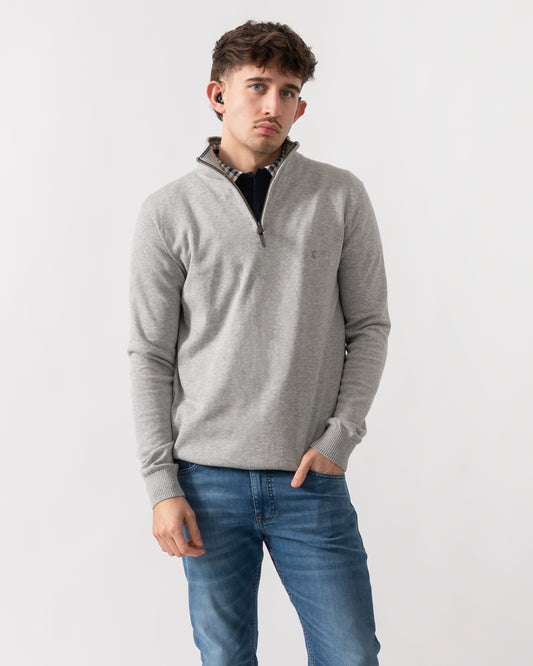 studio shot of a model wearing a Joules Hillside Mens quarter Zip Jumper in Grey