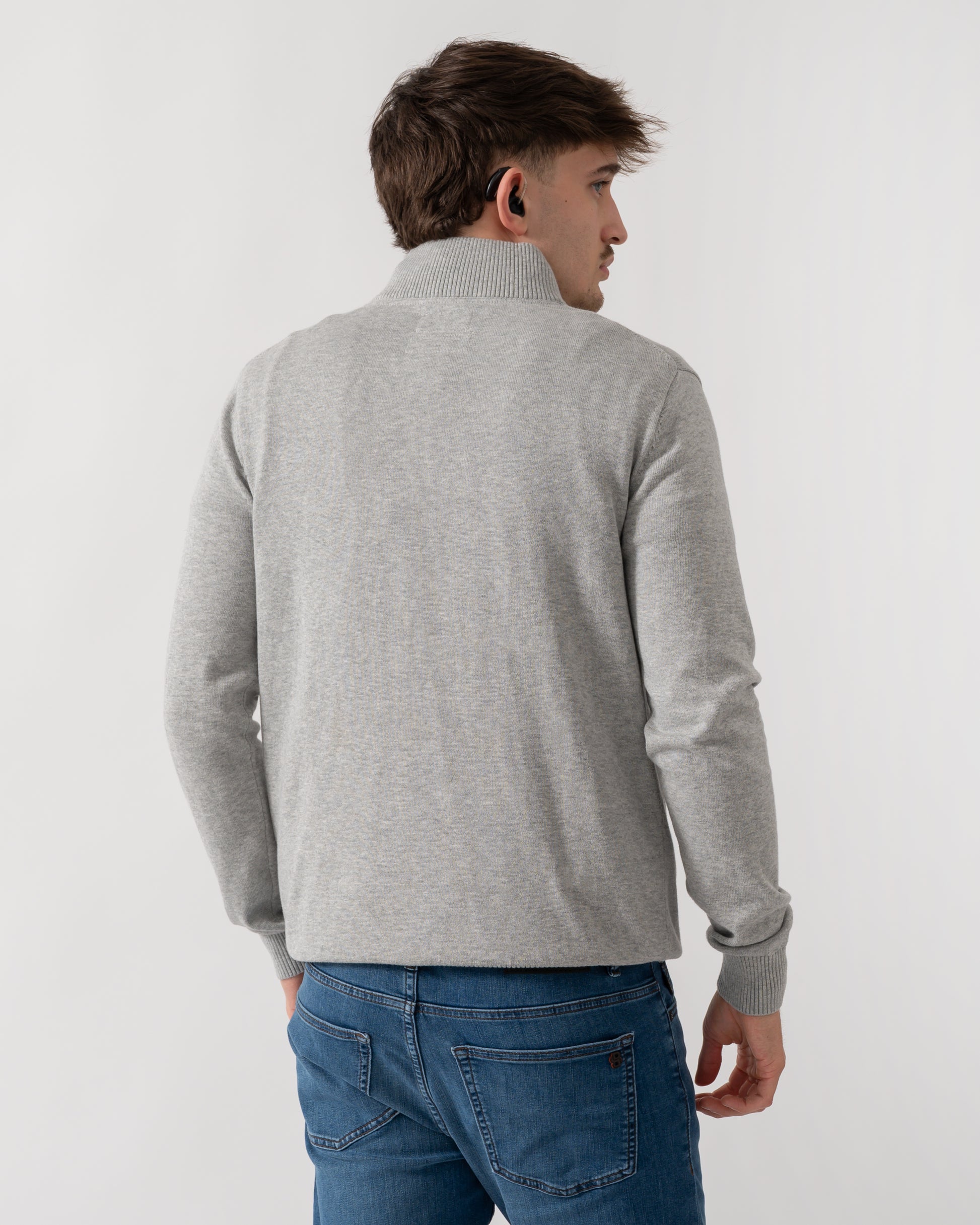 back shot of a model wearing a Joules Hillside Mens quarter Zip Jumper in Grey