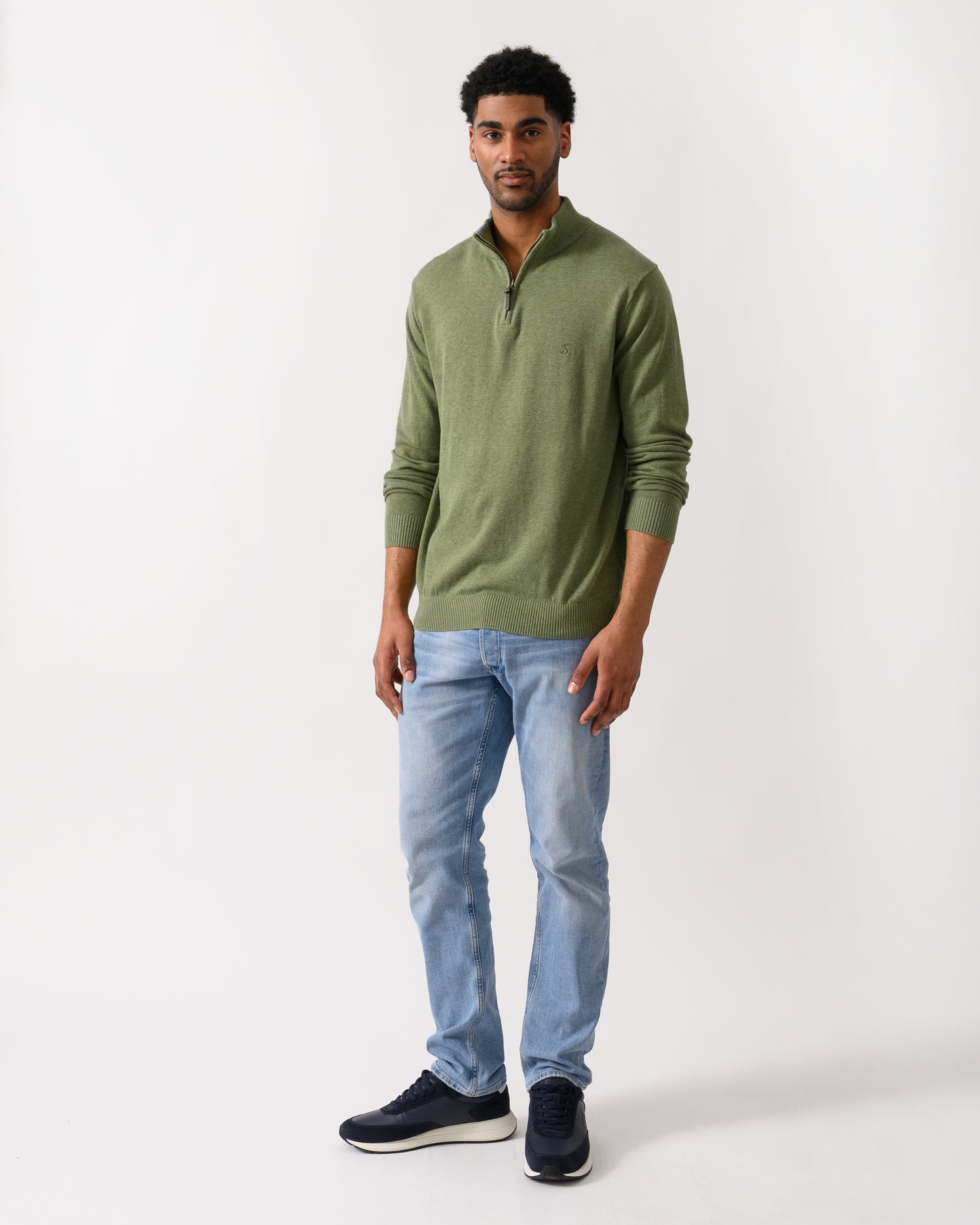 full length shot of a model wearing a Joules Hillside Mens 1/4 Zip Jumper in Khaki Green