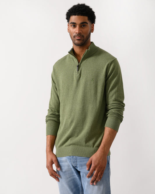 model wearing a Joules Hillside Mens 1/4 Zip Jumper in Khaki Green