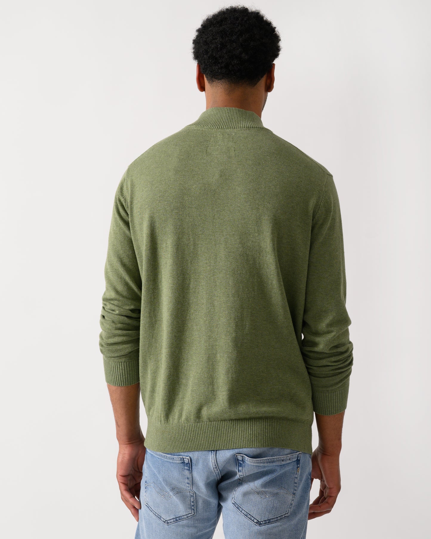back shot of a model wearing a Joules Hillside Mens 1/4 Zip Jumper in Khaki Green