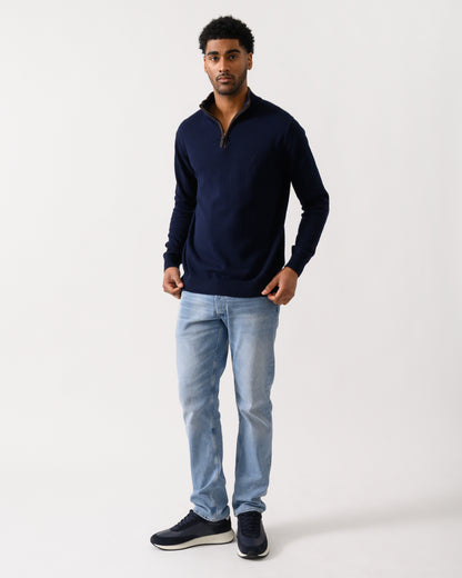 full length shot of a model wearing a Joules Hillside Mens 1/4 Zip Jumper in Navy Blue
