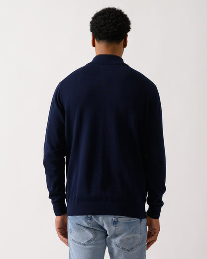 back shot of a model wearing a Joules Hillside Mens 1/4 Zip Jumper in Navy Blue