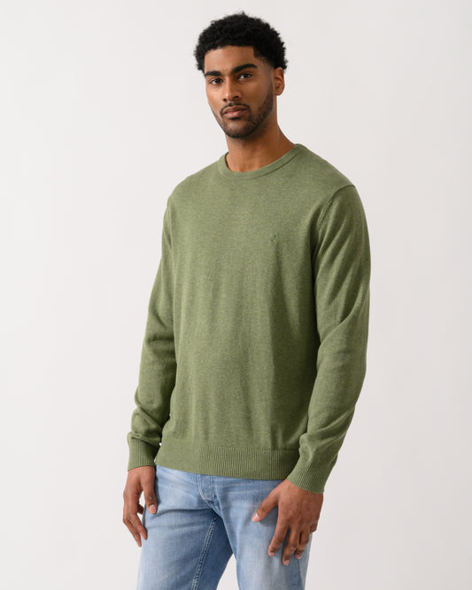 model wearing a Joules Hillside Mens Crew Neck Jumper in Khaki Green