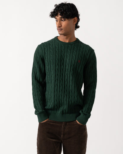 Studio photograph of a model wearing a Joules Mens Cable Knit Crew Neck Jumper in Green