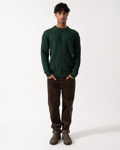 full length Studio photograph of a model wearing a Joules Mens Cable Knit Crew Neck Jumper in Green