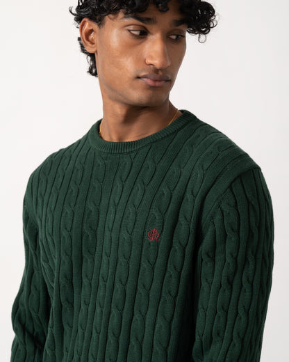 close up Studio photograph of a model wearing a Joules Mens Cable Knit Crew Neck Jumper in Green