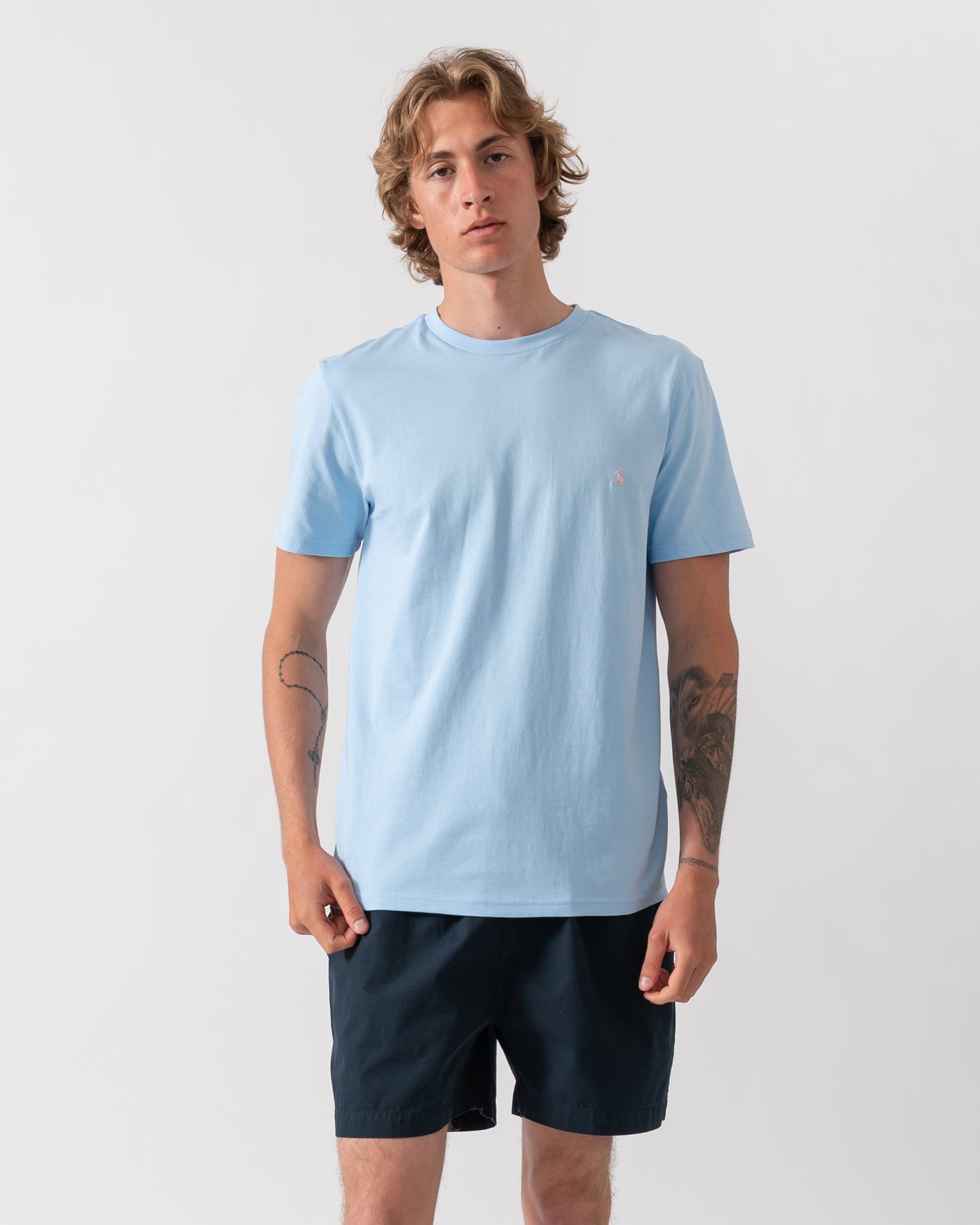 model wearing a Joules Mens Everyday T-Shirt in Light Blue